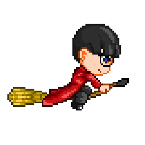 Harvey riding a broomstick