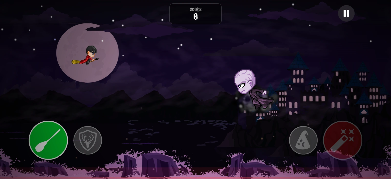 Harvey facing a boss above the moonlit castle in Dementoids