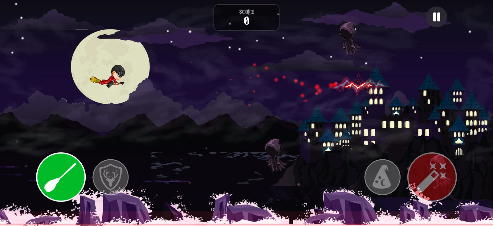 Harvey in the Dementoids game above the moonlit castle
